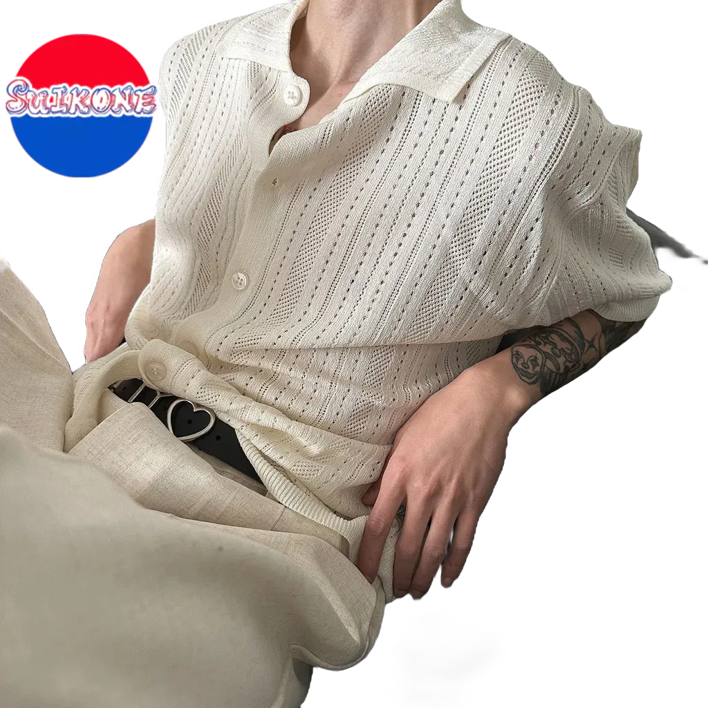 Suikone ฤดูร ้ อนถักแขนสั ้ นหลวมปกเสื ้ อกลวงอเมริกันย ้ อนยุคสีทึบเสื ้ อ
