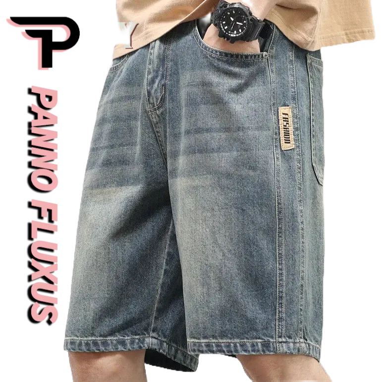 PannoFluxus กางเกงยีนส ์ ผู ้ ชายฤดูร ้ อนชุดทํางานย ้ อนยุคอเมริกันสวมใส ่ สบายกางเกงขาสั ้ นหลวมลําลอง
