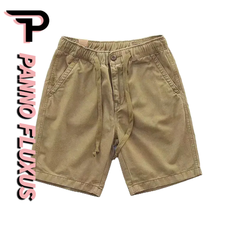 PannoFluxus ใหม่ กางเกงขาสั้นผู้ชาย สีทึบ สไตล์เกาหลี อินเทรนด์ ลำลอง กางเกงผูกเชือก