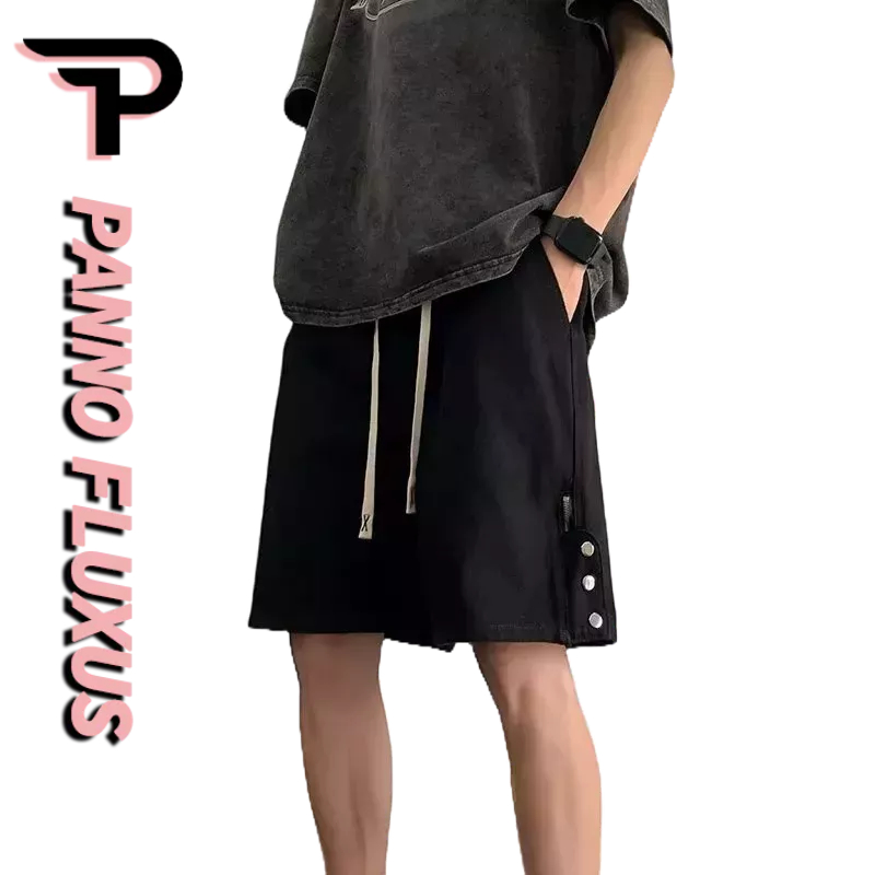 PannoFluxus กางเกงขาสั้นไฮสตรีทสไตล์อเมริกันสไตล์ใหม่ของผู้ชายที่มีดีไซน์อินเทรนด์กางเกงห้าจุดกระดุมหน้าอกคุณภาพสูงทรงหลวมและเข้าชุดกันทั้งหมด