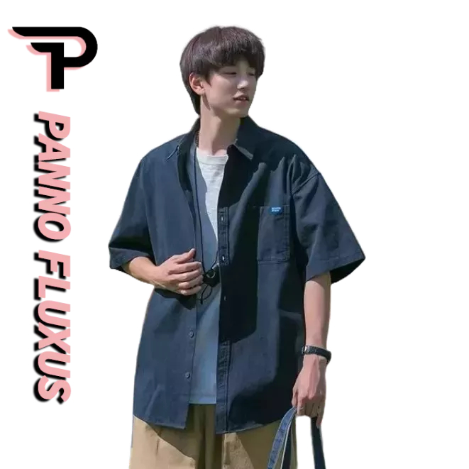 PannoFluxus ฤดูร้อนใหม่ ins เยาวชนยอดนิยมแขนสามส่วนอินเทรนด์สบาย ๆ ขี้เกียจทั้งหมดตรงกับเสื้อเชิ้ตผู้ชาย