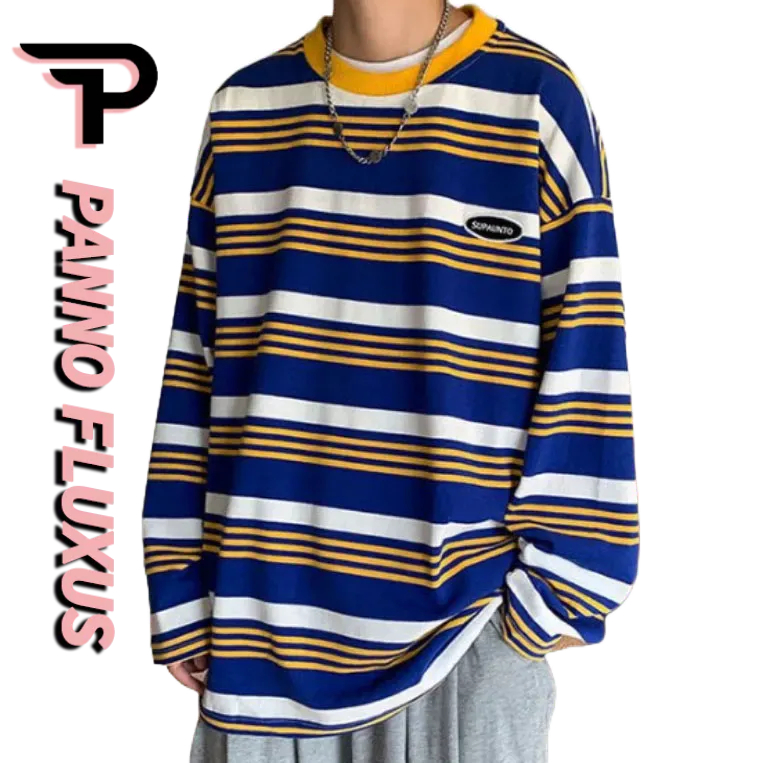 PannoFluxus เสื้อแขนยาว เสื้อยืดแขนยาวลายทาง เวอร์ชั่นเกาหลีของทรงหลวมและเอนกประสงค์ทรงหลวมและใส่สบาย เสื้อยืดแขนยาวผู้ชาย
