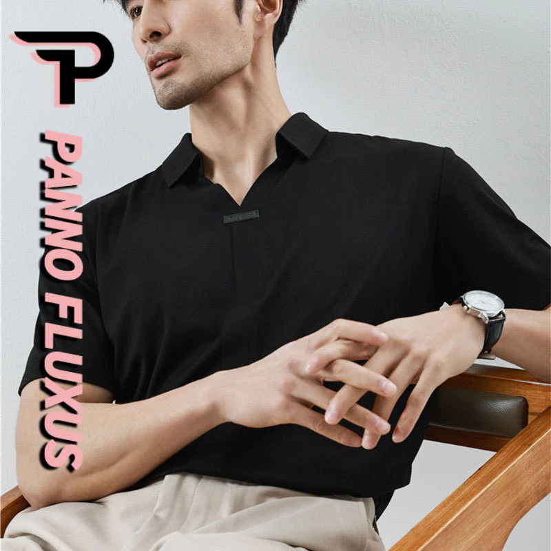 PannoFluxus เสื้อโปโลแขนสั้น คอวี ผ้าเรยอน แบบยืดหยุ่น ไร้รอยต่อ สําหรับผู้ชาย