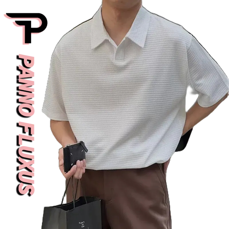 PannoFluxus เสื้อโปโลแขนสั้น ผ้าเรยอน ลายวาฟเฟิล สไตล์เกาหลี แฟชั่นสําหรับผู้ชาย