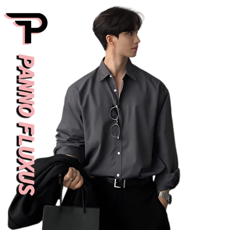 PannoFluxus เสื้อเชิ้ตคอเหลี่ยมแขนยาวมาตรฐานชายบางตรงทั้งหมดเข้าได้กับเสื้อเชิ้ตยอดนิยมของเยาวชนรุ่นใหม่
