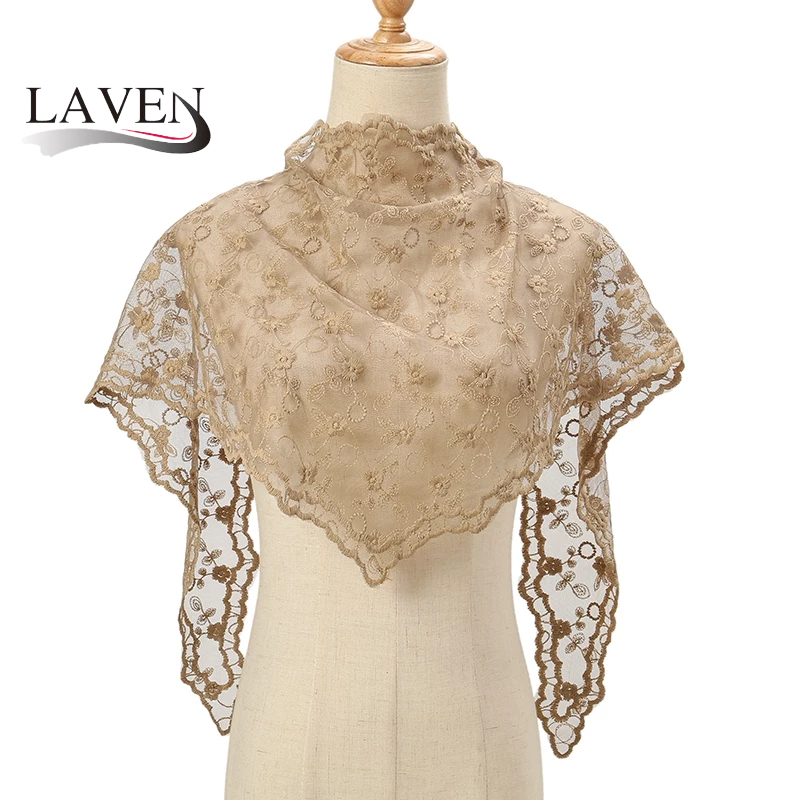 LAVEN Solid Color Women Triangle Hijab Scarf Lace Shawl Wraps Embroidery Elegant Summer Thin Sunscreen Scarves Shawl