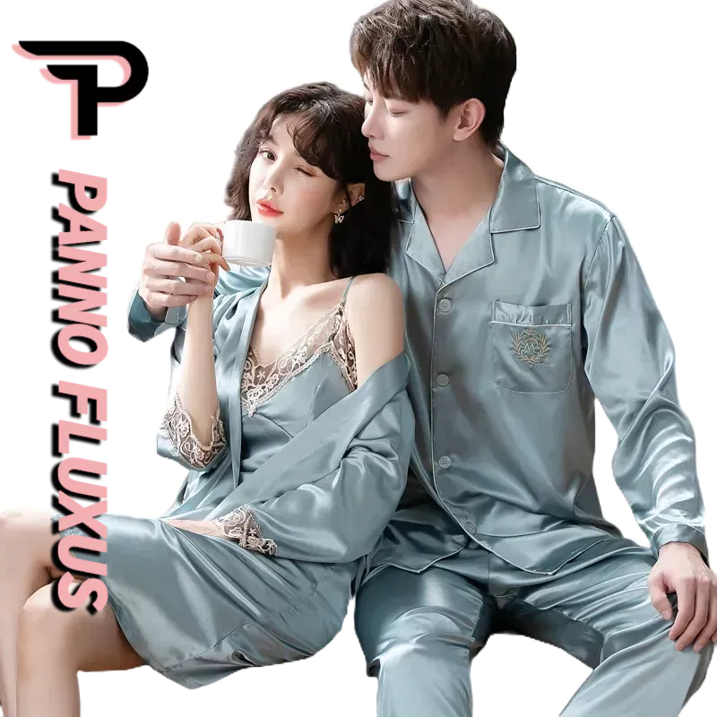 PannoFluxus ชุดนอนคู่ฤดูใบไม้ผลิและฤดูใบไม้ร่วงบางส่วนผ้าไหมน้ำแข็งแขนยาวเสื้อผ้าบ้านจำลองชุดผ้าไหม