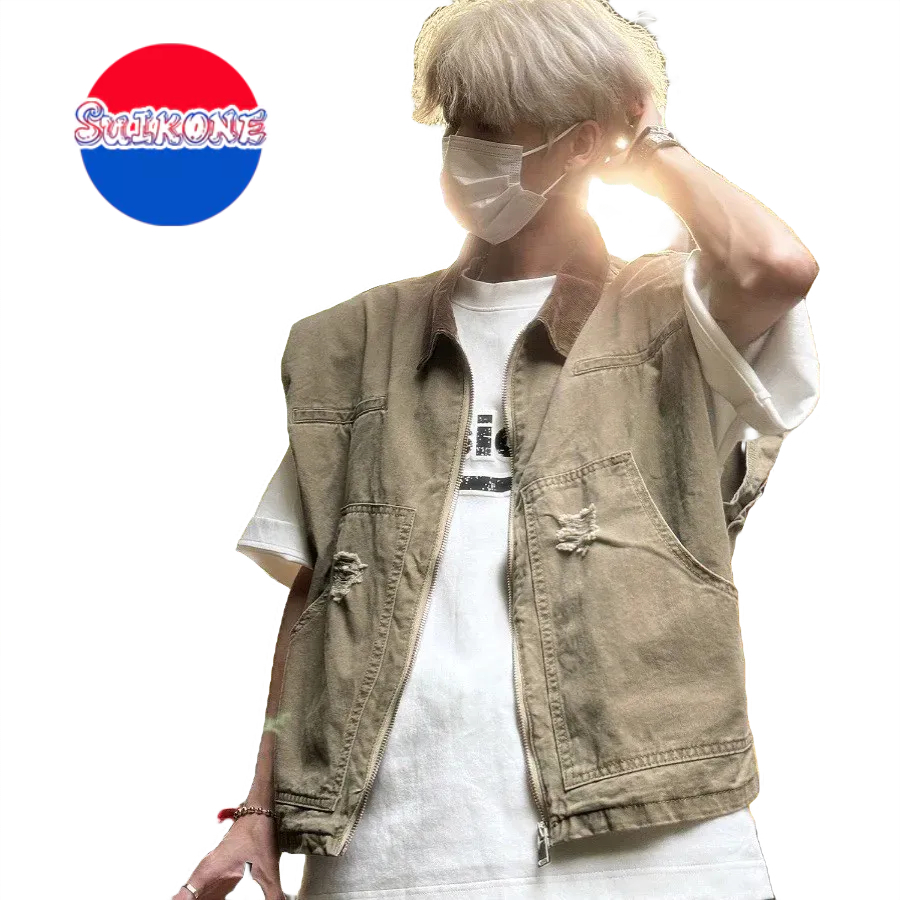 SUIKONE ซุยโคเนะ เสื้อกั๊กยีนส์แขนกุดย้อนยุคอเมริกัน เสื้อกั๊กแผ่นรองไหล่สไตล์เมลลาร์ด