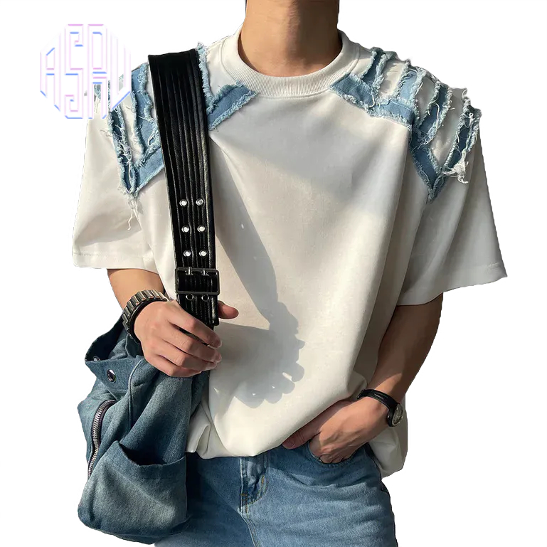 Asrv ฤดูร้อนแผ่นไหล่ที่เรียบง่ายเสื้อยืดเวอร์ชั่นเกาหลีของขอบดิบผ้ายีนส์เย็บเสื้อยืดคอกลมแขนสั้น