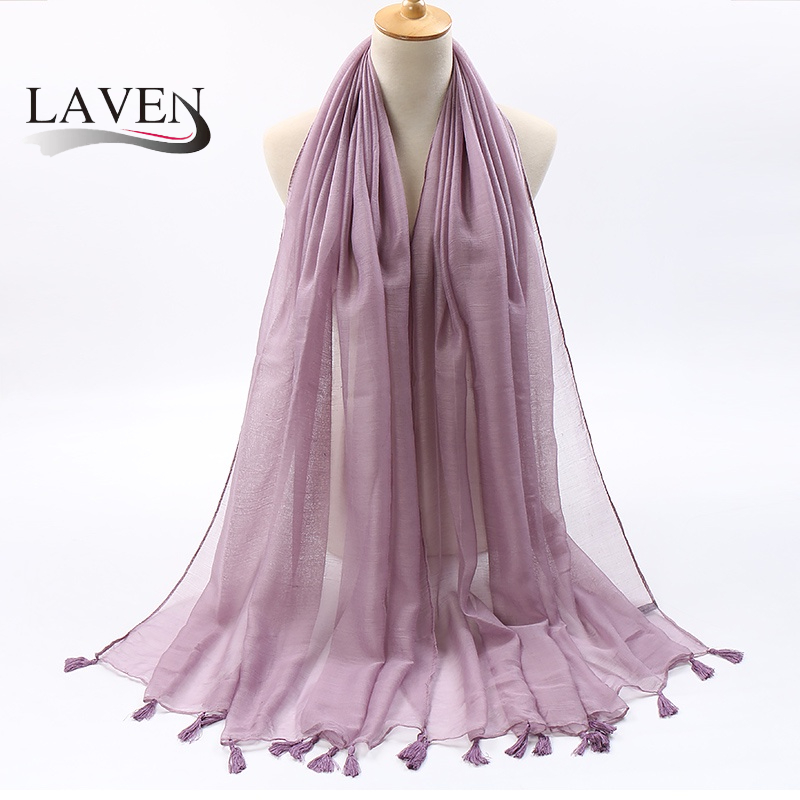Laven Voile ผ ้ าพันคอสีทึบบาหลียาวผ ้ าพันคอสุภาพสตรีพู ่ All-match Viscose Shawl มุสลิม Hijab Tudung