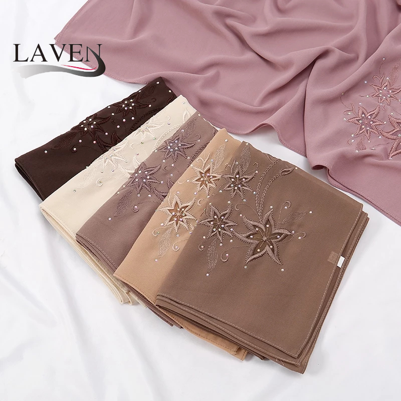 LAVEN Fashion New Hot Drilling Long Scarf Muslim Headscarf Tudung Embroidery Hijab Scarf Women Chiffon Shawl