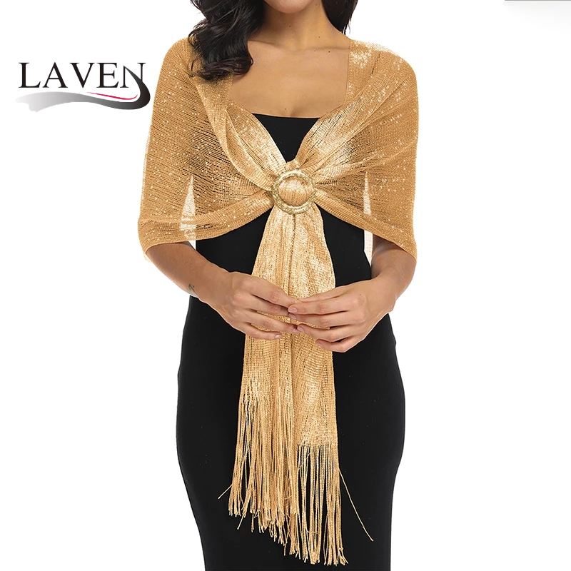 Laven แฟชั่น Glitter Shimmer Shawl Party Daynight ผ้าคลุมไหล่สีทึบหรูหราพู่ผ้าคลุมไหล่ผ้าพันคอ