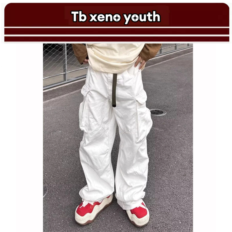 Tb xeno ชุดเอี๊ยมผู้ชายเยาวชน, อเมริกันย้อนยุค, กระเป๋าหลายกระเป๋าใหม่, กางเกงตรงอเนกประสงค์หลวม
