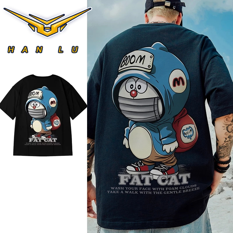 HANLU เสื้อยืดผู้ชายแขนสั้นโดราเอมอนการพิมพ์เสื้อทรงหลวมสตรีทแฟชั่น