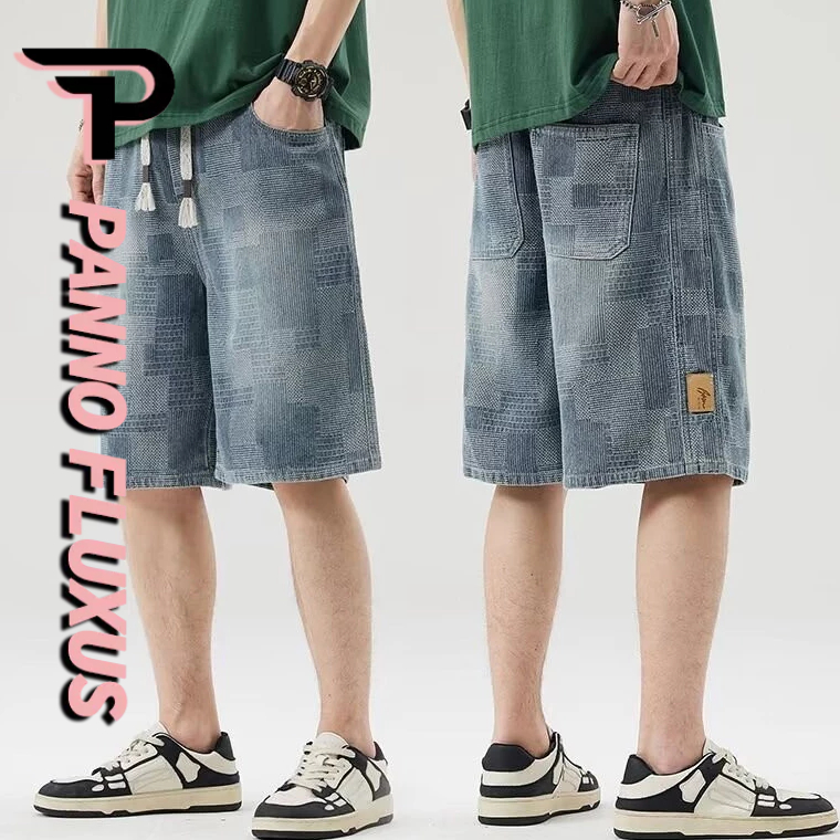 PannoFluxus กางเกงขาสั้นผ้ายีนส์ผู้ชายฤดูร้อนใหม่สไตล์ฮ่องกงย้อนยุคหลวมสบายๆยืดหยุ่นกางเกงขาสั้นบาง