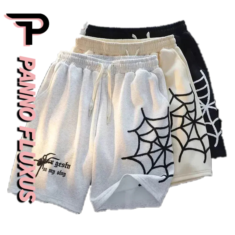 PannoFluxus กางเกงขาสั ้ นผู ้ ชาย American Retro Ins Spider พิมพ ์ หลวม Casual Beach กางเกงกีฬาอินเทรนด ์