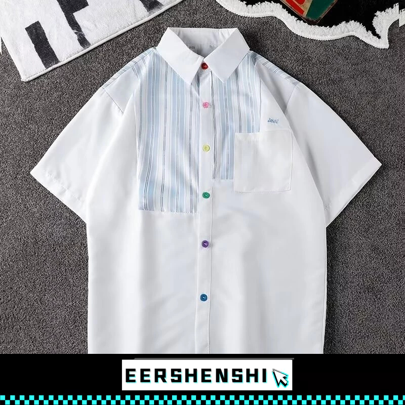 EERSHENSHI เสื้อเชิ้ตผู้ชายหลวมสบายๆลายพิมพ์สีปุ่มสไตล์ตะวันตกสีขาวแขนสั้น