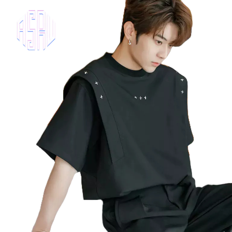 Asrv อเมริกันผู้ชายและผู้หญิงแขนสั้นหมุดคอเล็กเสื้อยืดฤดูร้อนโลหะออกแบบปลอมสองชิ้นเสื้อยืด
