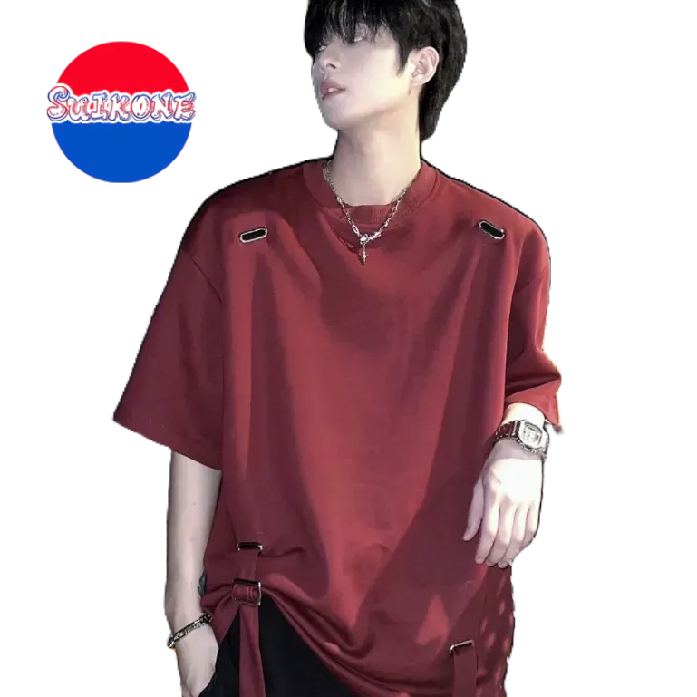 SUIKONE ซุยโคเนะ ฤดูร้อนใหม่โลหะออกแบบสายรัดเสื้อยืดอเมริกัน สูง ถนน แนวโน้มผู้ชายและผู้หญิงเสื้อยืด