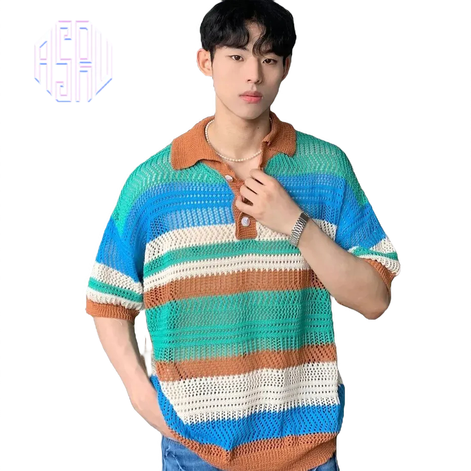 Asrv ฤดูร้อนแฟชั่นเสื้อเชิ้ตแขนสั้นหลวม โดปามีน ตัดปกลายกลวงเสื้อถัก