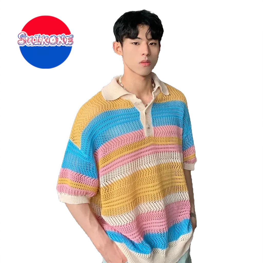 SUIKONE ซุยโคเนะ โดปามีน สีคมชัดปกลายกลวงเสื้อถักแฟชั่นฤดูร้อนเสื้อเชิ้ตแขนสั้นหลวม