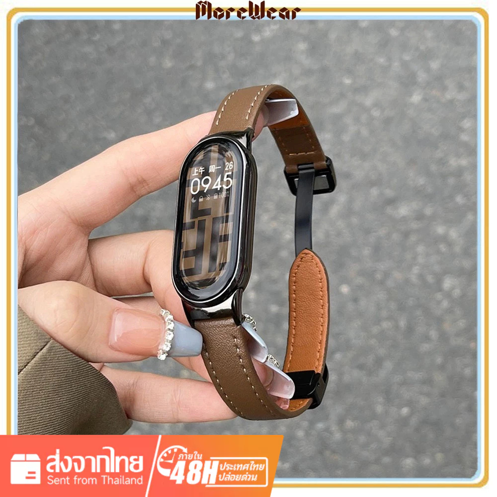 สายนาฬิกาข้อมือหนัง หัวเข็มขัดแม่เหล็ก พับได้ ระบายอากาศ สําหรับ Xiaomi Band 10 / 9 / 8