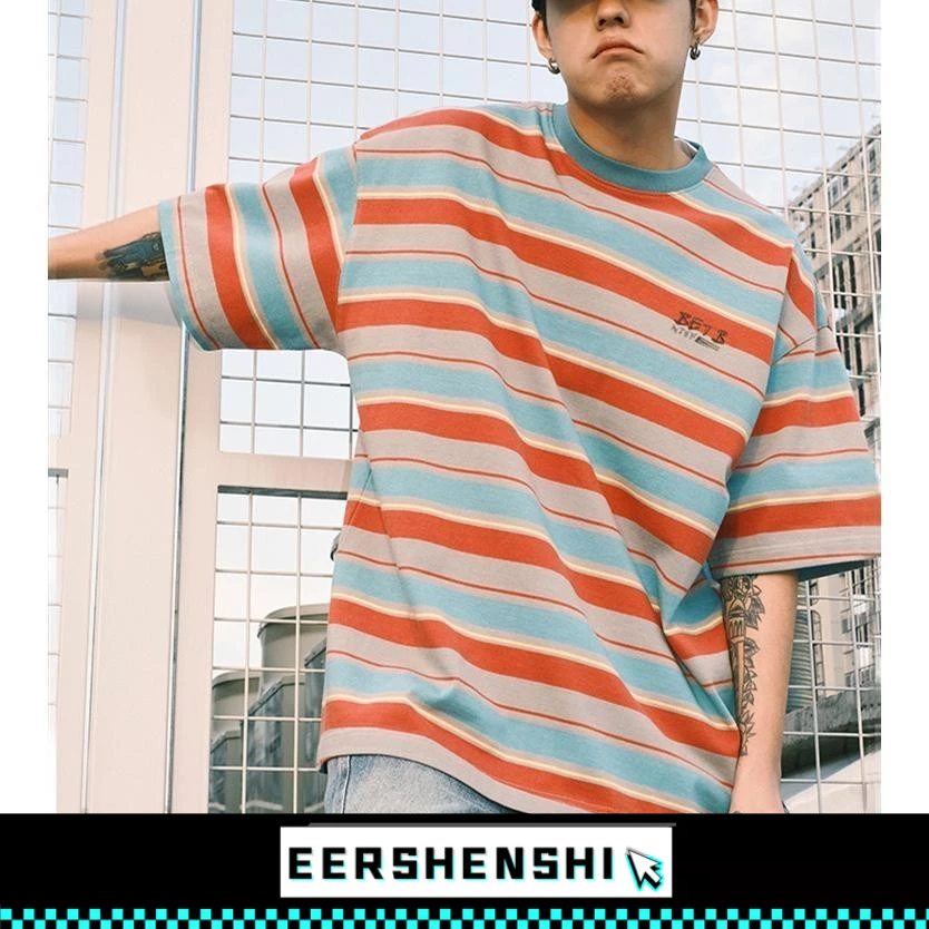 EERSHENSHI เสื้อยืดผู้ชาย Coosretro American Retro สีลายแขนสั้นผู้ชายแฟชั่นฤดูร้อนหลวม