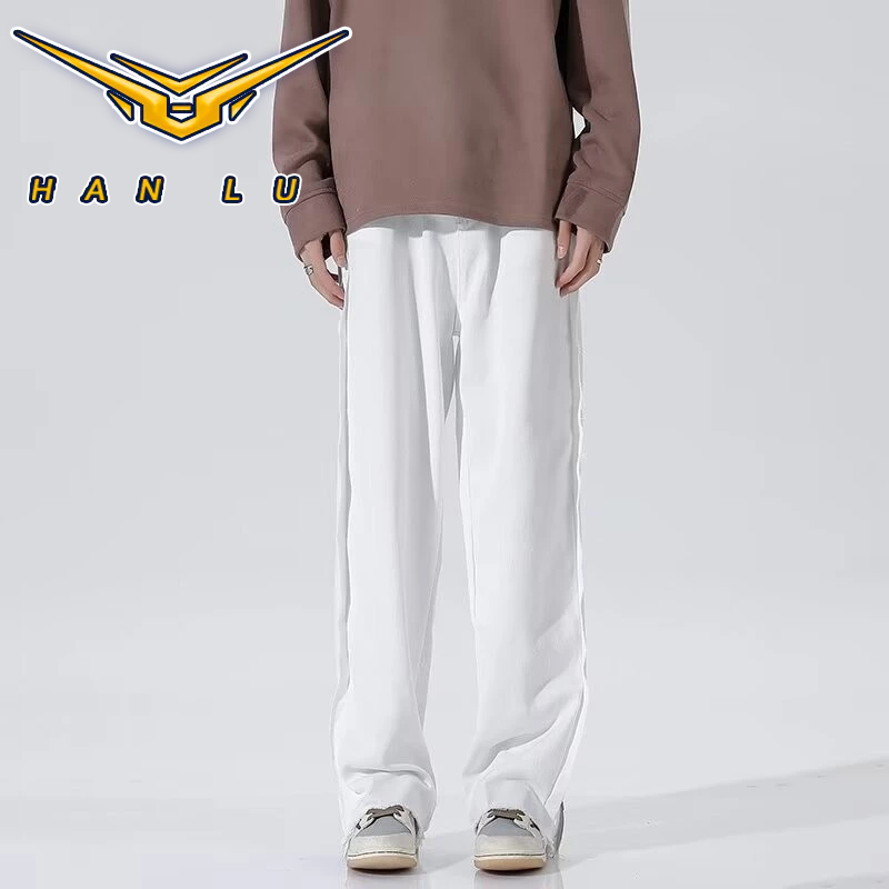 HANLU กางเกงผู้ชายลําลองที่เรียบง่ายเยาวชนสีทึบกางเกงขากว้างตรง