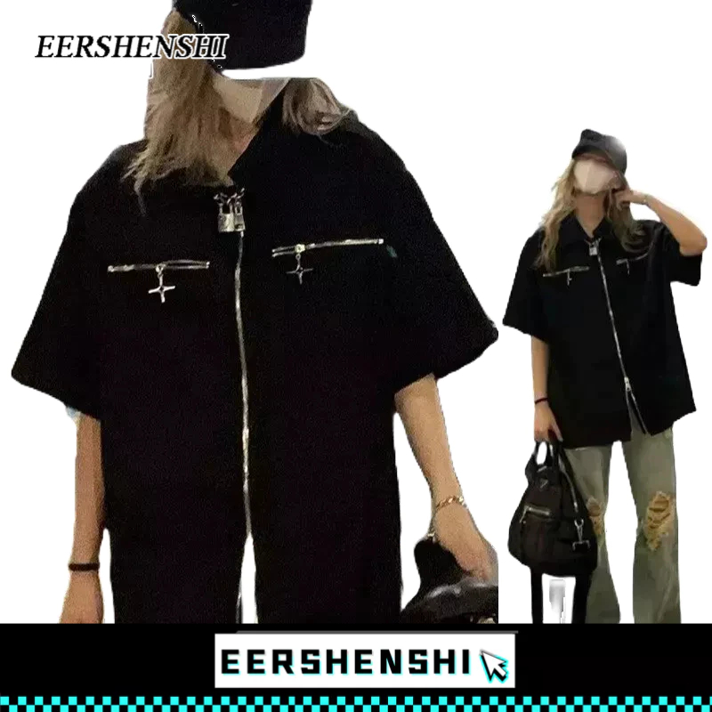 EERSHENSHI เสื้อเชิ้ตผู้ชาย 2023 สไตล์ยุโรปและอเมริกา Vintage Metal Zipper สีทึบแฟชั่นแบรนด์แฟชั่นฤดูร้อนเสื้อเชิ้ตผู้ชาย