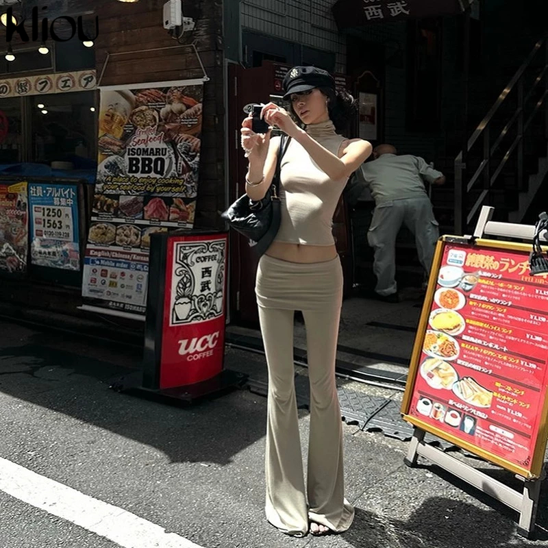 Kliou Casual Solid กางเกงชุดคอเต่าขนาดเล็ก Off แขน Skinny Horn อเนกประสงค์ฤดูร้อน Street บรรยากาศสไตล์แฟชั่น 2024 ใหม่
