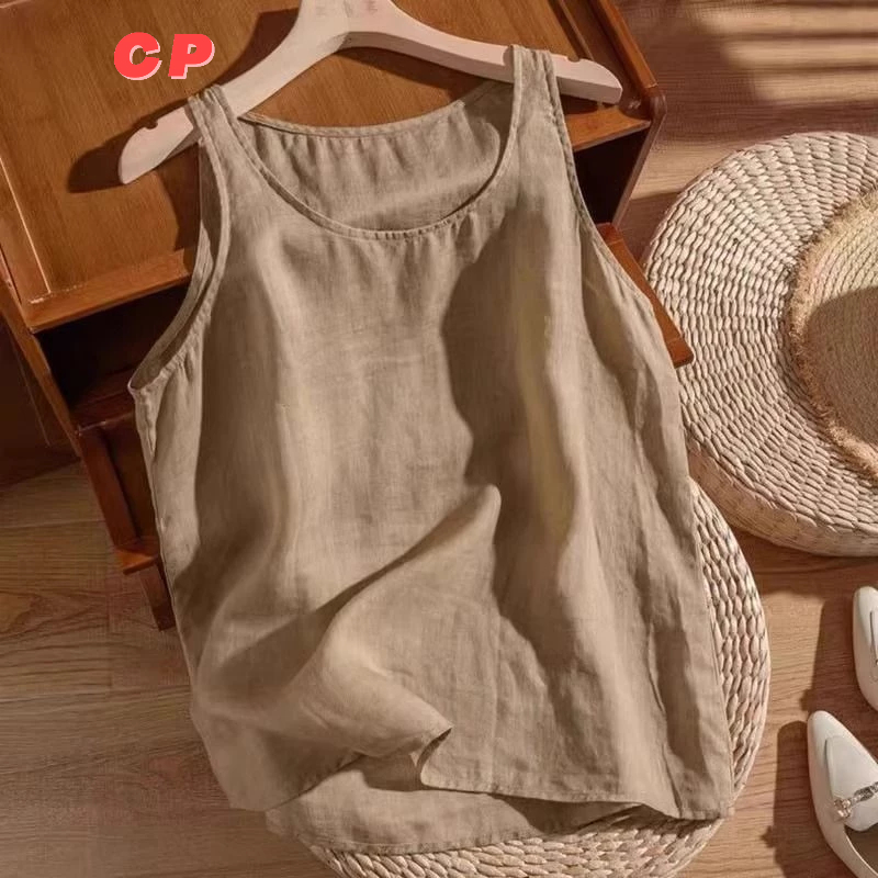 ซีพี ผ้าฝ้ายผ้าลินินเสื้อกั๊กสุภาพสตรีฤดูร้อนสไตล์ใหม่สวมใส่ด้านนอกหลวมขนาดใหญ่สบายๆแฟชั่น ดีงาม แขนกุด จุดต่ําสุด สูงสุด