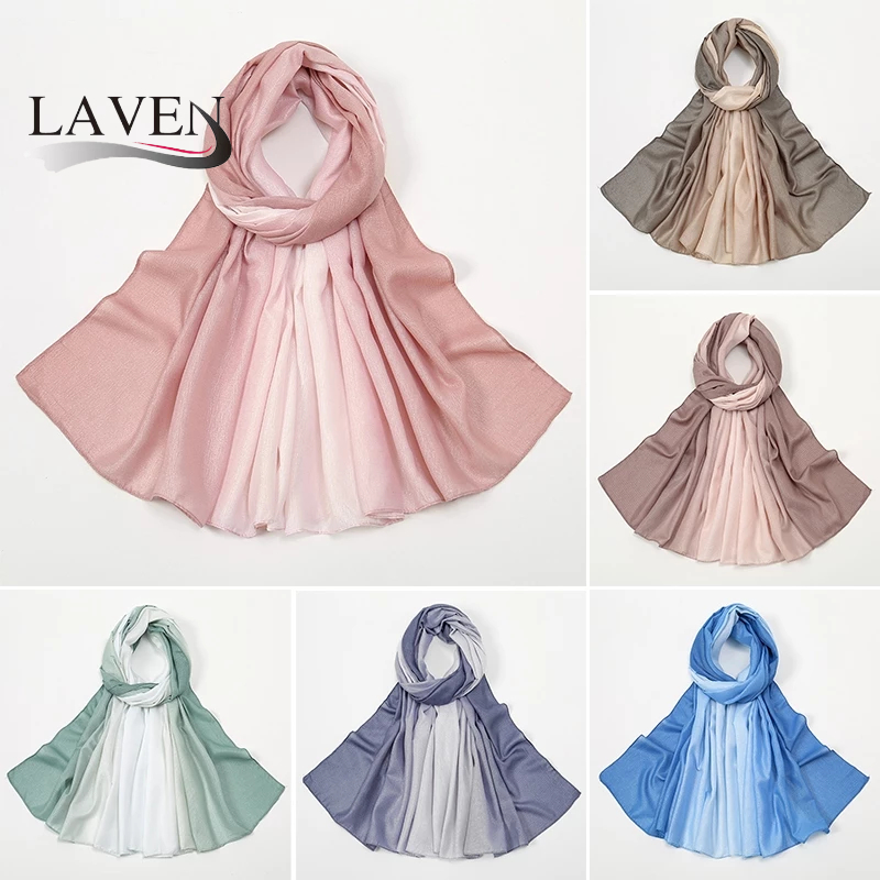 Laven สีสัน Gradient Pashmina ผ้าคลุมไหล่แฟชั่นมุสลิม Headscarf Hijab Sliver ผ้าไหมฮิญาบผ้าพันคอ Shimmer ผ้าคลุมไหล่