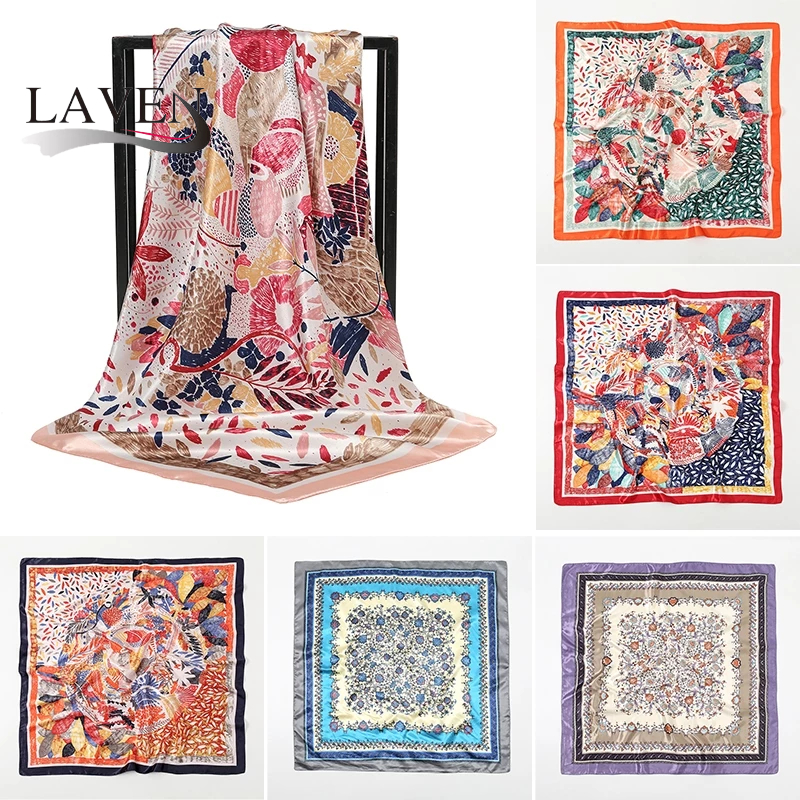 LAVEN Floral Printed Satin Silk Scarf Soft Satin Shawl Scarves Women Silk Like Scarf Muslim Headscarf 90*90cm