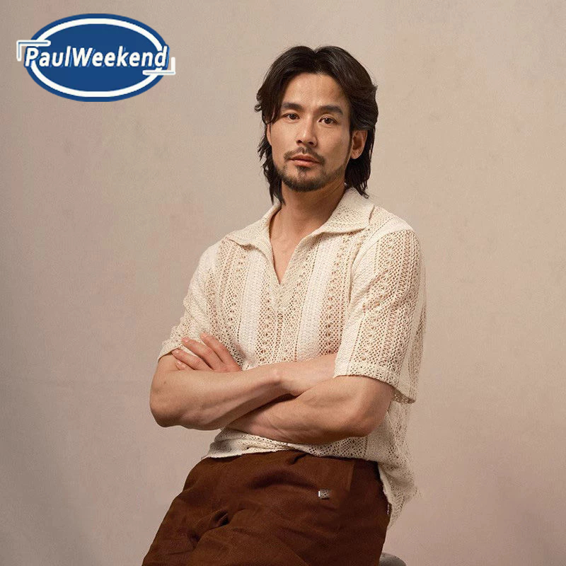 PaulWeekend เสื้อเชิ้ตผู้ชายสไตล์เกาหลีกลวงหลวมถักโปโลคอปกแขนสั้นฤดูร้อนสบายๆย้อนยุค
