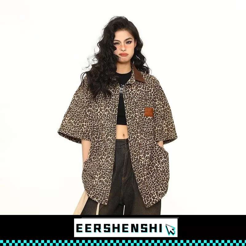 EERSHENSHI เสื้อเชิ้ตผู้ชาย American Vintage Leopard Print Short Sleeve Mens and Womens Ins Summer Couple Shirt Lapel