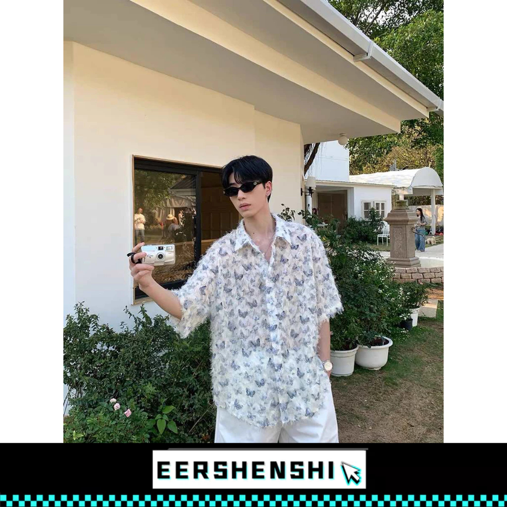 EERSHENSHI เสื้อเชิ้ตผู้ชายฤดูร้อนย้อนยุคผีเสื้อแขนสั้นแฟชั่นแบรนด์หลวมทุกการแข่งขันลําลองผู้ชายชุดท็อปส์