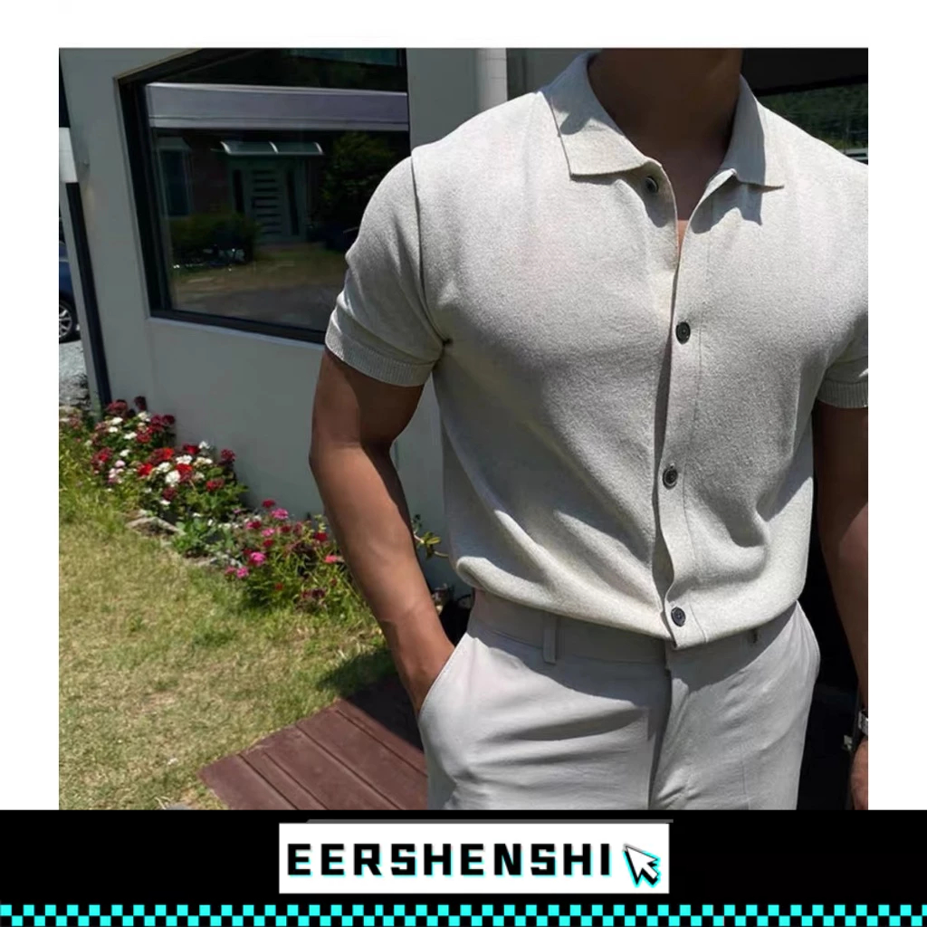 EERSHENSHI เสื้อสเวตเตอร์ถักแขนสั้นผู้ชายฤดูร้อนบางสีทึบถักเสื้อยืดสไตล์อเมริกันแนวโน้ม High-End Ins