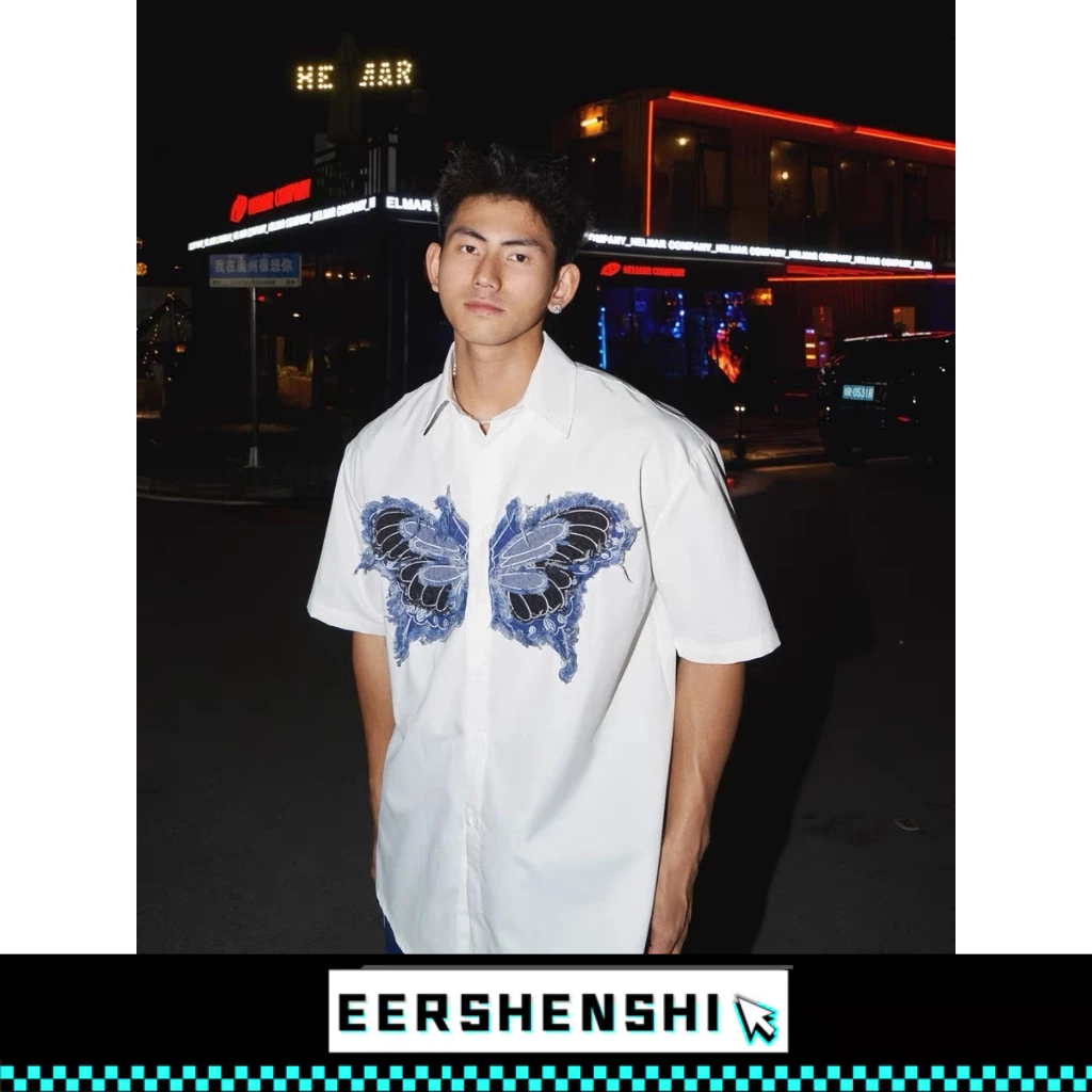 EERSHENSHI เสื้อยืดผู้ชายสามมิติผีเสื้อการออกแบบความรู้สึกครึ่งแขนซอกเสื้อลําลองหลวมทุกการแข่งขัน