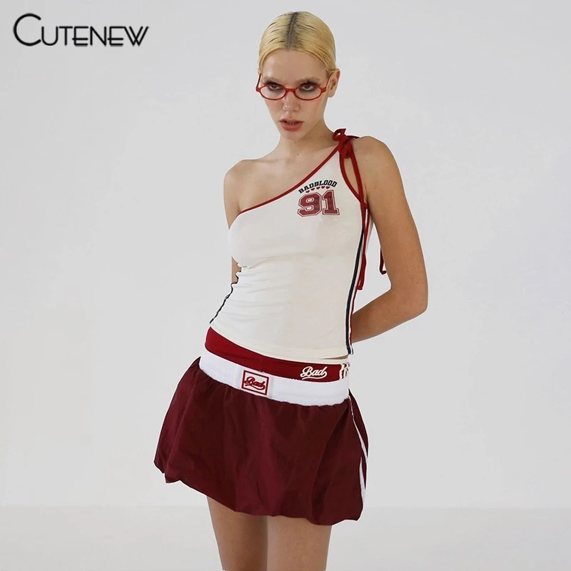 Cutenew Vintage ชุดสองชิ้นผู้หญิงฤดูร้อนพิมพ์เสื้อกล้ามไหล่เดียว + กระโปรงบอลลูน Y2K ชุดสไตล์สตรีท