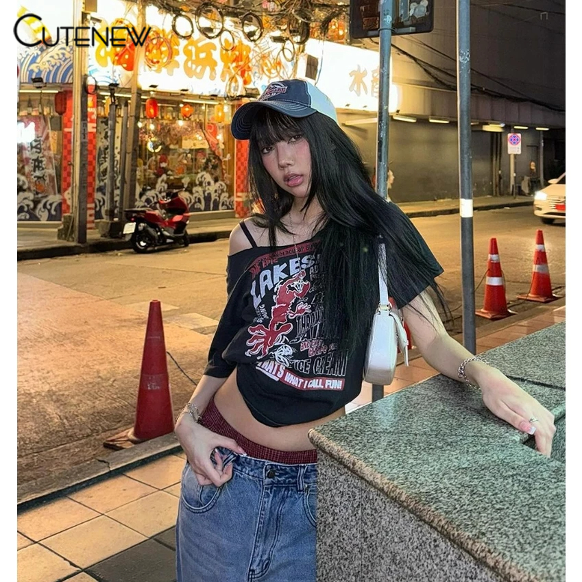 Cutenew เสื้อยืดขนาดใหญ่ผู้หญิงฤดูร้อน Retro Causal Street สไตล์พิมพ์แขนสั้น Crop Top