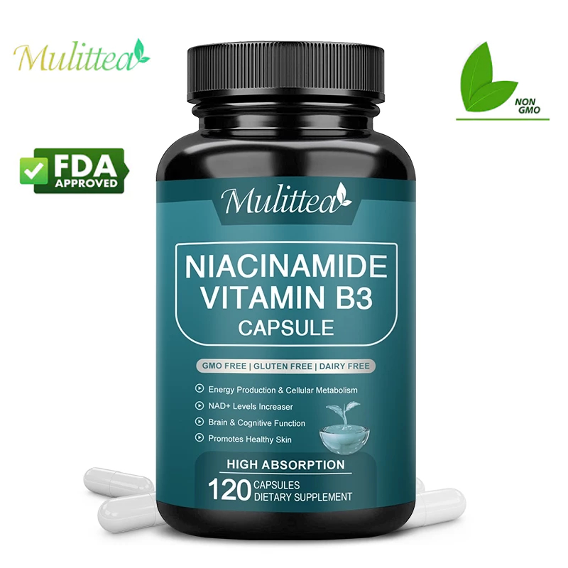 Mulittea Niacinamide Vitamin B3 Hard Capsules เพิ่มพลังงาน, เพิ่มการทำงานของสมอง, ส่งเสริมสุขภาพผิว, เพิ่มระดับ NAD+, รองรับสุขภาพเซลล์และซ่อมแซม