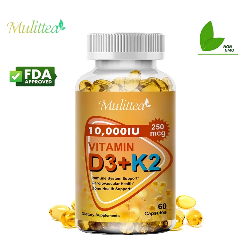 Mulittea 10000IU Vitamin D3+K2 Capsules วิตามินดี3 + เค2 การสนับสนุนระบบภูมิคุ้มกัน สุขภาพหัวใจและหลอดเลือด การสนับสนุนสุขภาพกระดูก