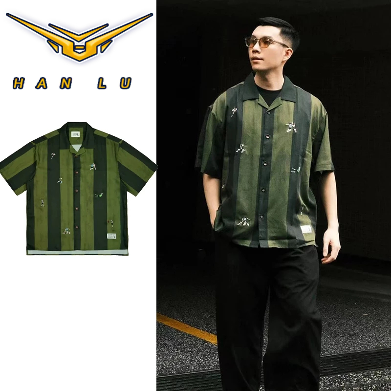 HANLU เสื้อเชิ้ตแขนสั้นผู้ชายฮาวายเย็บปักถักร้อยสีเขียวลายแฟชั่นหลวมด้านบนมิ้นท์ แมมโบ้