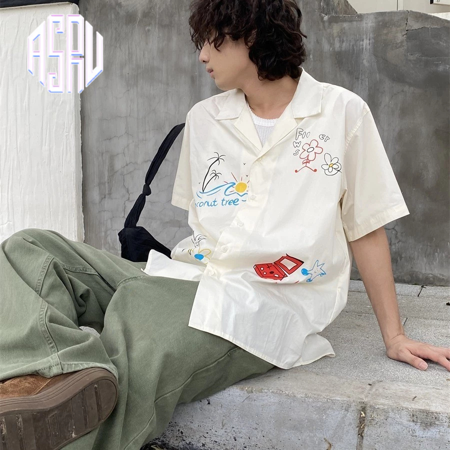 Asrv อเมริกันย้อนยุคสบายๆหลวมปกคิวบาเสื้อแขนสั้นฤดูร้อนมือวาดเสื้อดอกไม้
