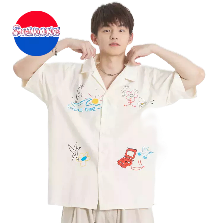 SUIKONE ซุยโคเนะ ฤดูร้อนมือวาดเสื้อดอกไม้อเมริกันย้อนยุคสบายๆหลวมปกคิวบาเสื้อแขนสั้น