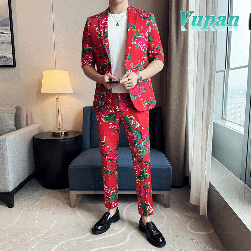 Vupan ชุดเสื้อเชิ้ต ลายดอกไม้ ขนาดใหญ่ สีแดง แฟชั่นยอดนิยม สไตล์ชนเผ่า เหมาะกับเทศกาลคริสต์มาส และปีใหม่ สําหรับผู้ชาย