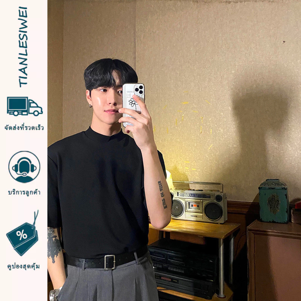 TIANLESIWEI แขนสั้นผู้ชายใหม่ขายร้อนสีทึบคลาสสิกอเมริกันย้อนยุคแมทช์ง่ายด้านบน