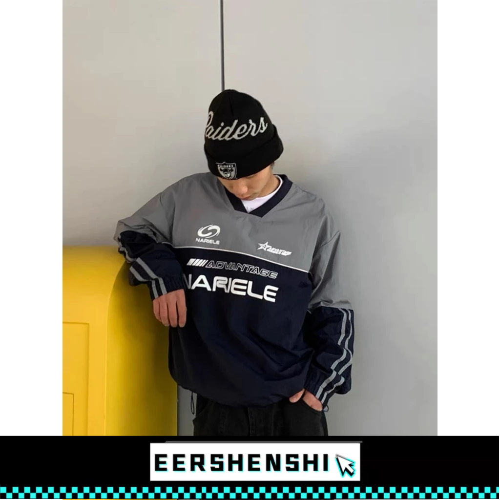 EERSHENSHI (จัดส่งที่รวดเร็ว) เสื้อกันหนาวผู้ชายบางพิมพ์ตัวอักษรอเมริกันหลวมสบายๆผู้ชายและผู้หญิง