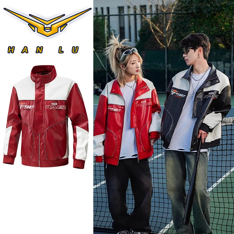 HANLU เสื้อแจ็คเก็ตหนังฤดูใบไม้ผลิฤดูใบไม้ร่วงผู้ชายสีจับคู่รถจักรยานยนต์อเมริกันฮิปฮอปแจ็คเก็ตหลวม