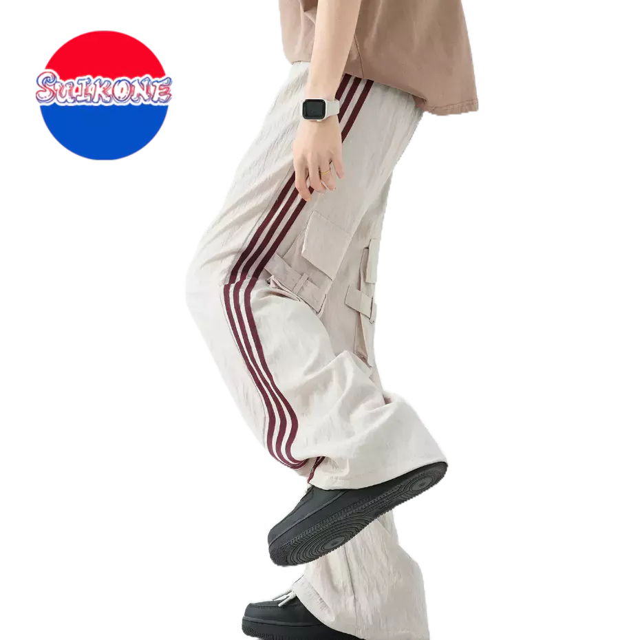 SUIKONE Suikeone กางเกงกีฬาสามบาร์ฤดูร้อน American high street striped กางเกงลําลองบาง